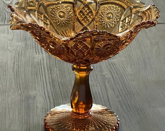 Miska na kompot z prasowanego szkła w kolorze bursztynowym | Wzór gwiazdy EAPG, faliste dno