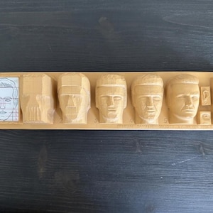 May include: A tan rectangular carving guide featuring a series of five sculpted human head forms in varying stages of completion, a printed facial proportion diagram, and small ear and eye details with the text VISUAL CARVING GUIDES BY DAVID HOLZAPFEL.