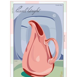 May include: A pink ceramic pitcher with a wide spout and a handle. The pitcher is sitting on a green surface with a blue and white background. The text "Russel Wright" is written in black cursive at the top of the image. The text "BEHR" is written in white with a black outline at the bottom of the image. The text "Winter Glaze" is written in black below the "BEHR" text. The text "Powder Blue" is written in black at the top right of the image. The text "Pink Ground" is written in black at the right side of the image. The text "Coral" is written in black at the bottom left of the image. The text "Light Moss" is written in black at the top left of the image.