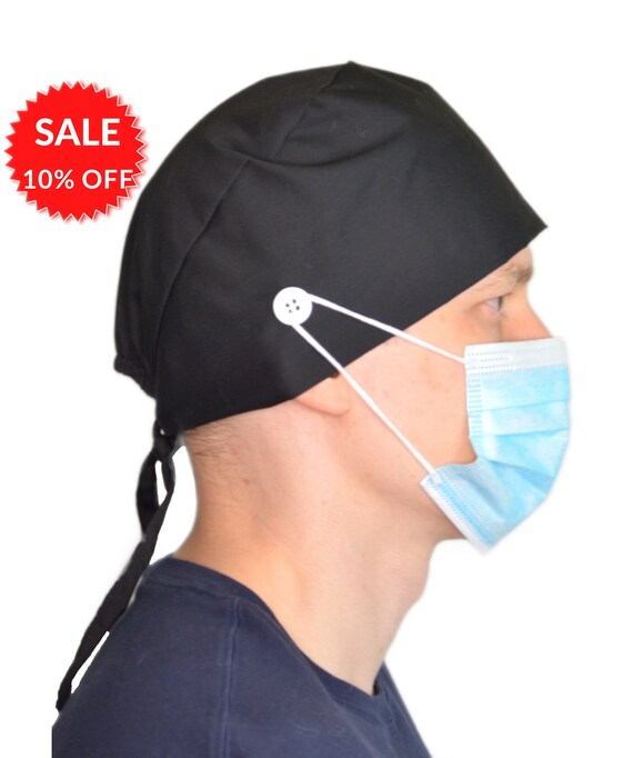 Black Nursing Cap With Buttons Scrub 