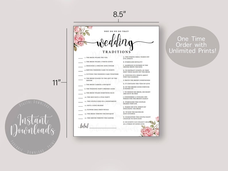 Wedding Traditions Bridal Shower Game Etsy