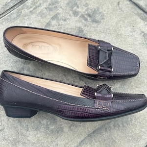 Vintage 90s y2k Tod’s plum purple leather square toe croc embossed loafers 40 9 9.5