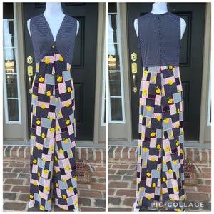 Vintage 70s ultra wide leg polka dot flower patchwork jumpsuit navy red yellow Medium