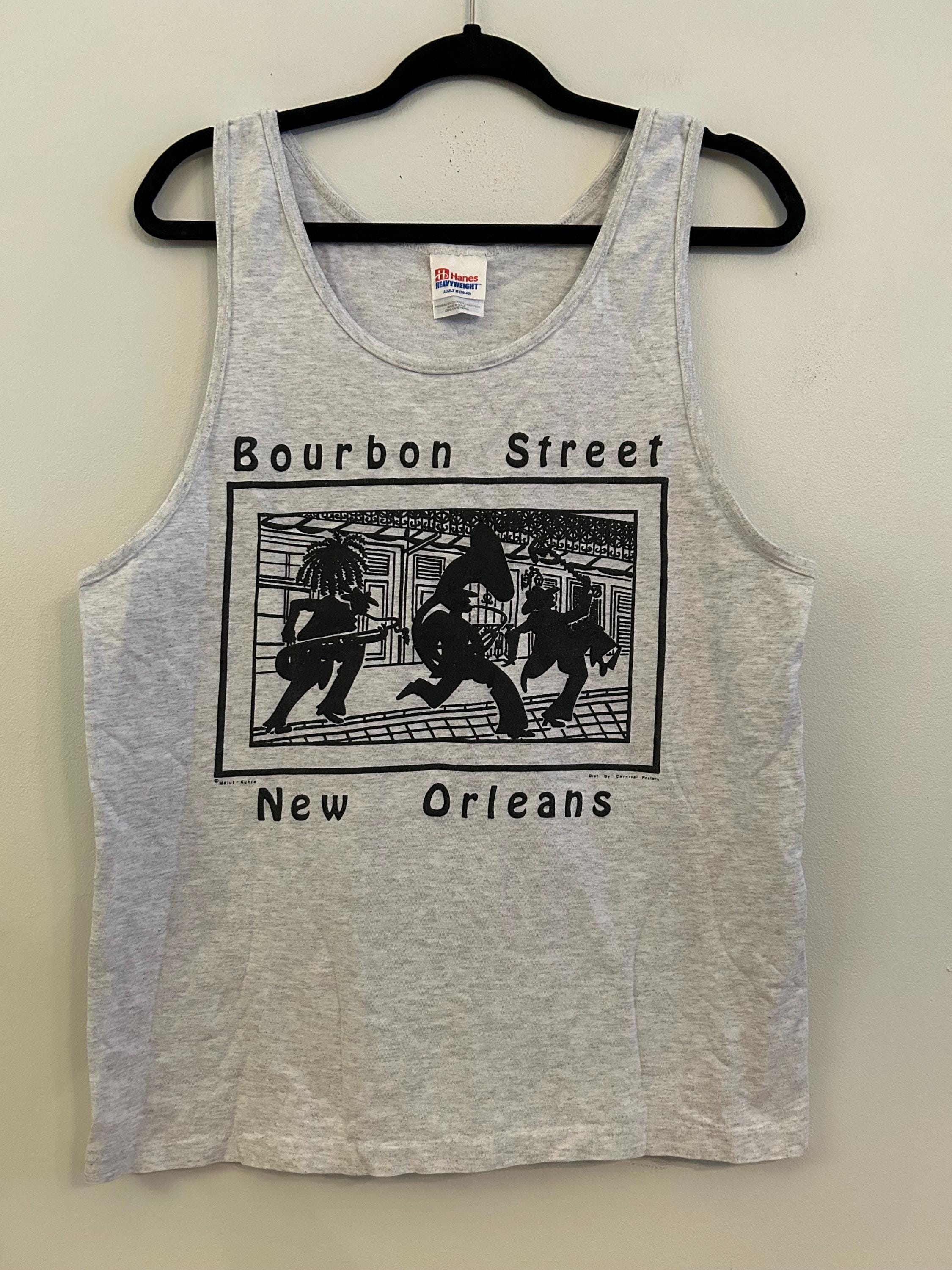 vintage 80s Bourbon Street New Orleans Mardi Gras jazz musician Fat Tuesday heathered grey muscle tank tee USA Medium