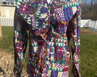 Deadstock vintage 90s Rocky Mountain Clothing Co multicolor ruffle neckline southwestern boho cotton blouse M