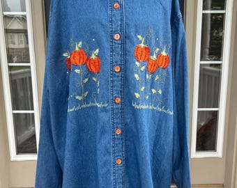 Deadstock vintage y2k Quacker Factory pumpkin fall autumn embroidered beaded denim chambray button down shirt 3X