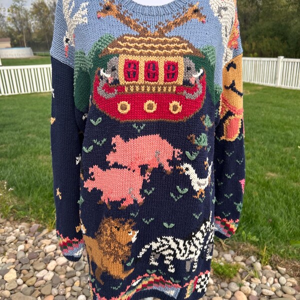 vintage Northern Isles Noah’s Ark animal theme novelty whimsical handknit long tunic sweater Medium Large