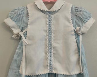 vintage 80s Annette Elane blue striped puff sleeve embroidered pinafore apron dress 18 months