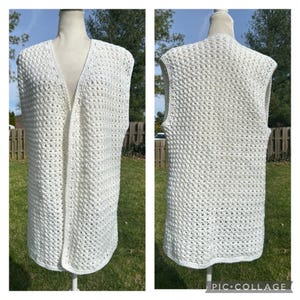 vintage 70s 80s handknit hand crocheted cream colored open front long sweater vest boho cottagecore M L