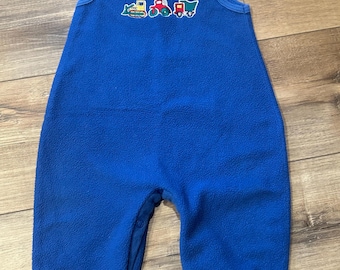 Vintage 90s y2k royal blue fleece romper vehicle tractor truck embroidery novelty whimsical 9 12 months