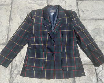 Vintage 90s tartan plaid green navy red wool blend blazer jacket academia preppy Small Medium