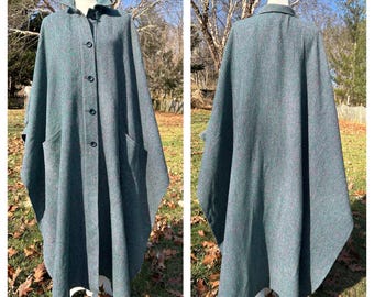 Vintage Jimmy Hourihan Dublin Ireland blue green purple woven new wool woven button down cape poncho big pockets One Size