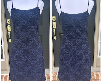 Vintage 90s y2k Jonathan Martin midnight navy blue jacquard brocade fuzzy whimsygoth slip dress 11