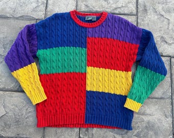 vintage 90s Lizwear Liz Claiborne Rainbow Colorblock Cable Knit Sweater dopamine dressing maximalist Large