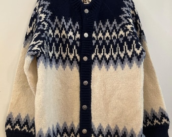 vintage Runox Scandinavian pure new wool Fairisle cardigan sweater cream navy blue ski 56 XL