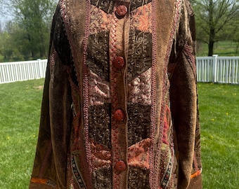 Vintage Y2K brown Earthtone tapestry woven patchwork embellished boho whimsygoth jacket Medium