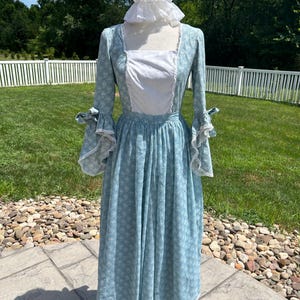 vintage handmade blue white colonial pioneer reenactment cosplay docent dress apron cap small