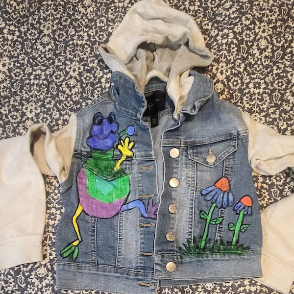 Childs Upcycled Jessica simpson denim jkt..custom painted one of a kind original design.szS..detachable hood.button..machine washable inv517