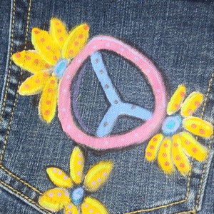 flowers, peace signs, love one of a kind custom design exclusive to our shop Cabi jeans sz 14 hand painted with 70's art-  inv048