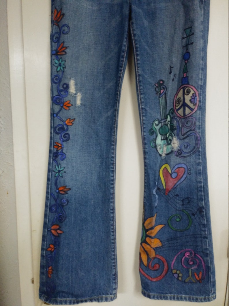 Wearable Art Jeans 70s Art Upcycled Hand Painted Flowers | Etsy