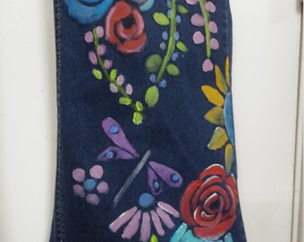 Levi’s upcycled hand painted fringed crop jeans avec des fleurs sz 16 unique en son genre wearable art folk art recyclé denim inv207