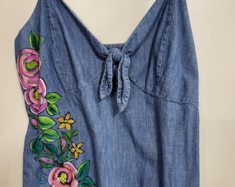 custom painted denim tank Old Navy L roses..wearable boho art..exclusive desing one of a kind inv421