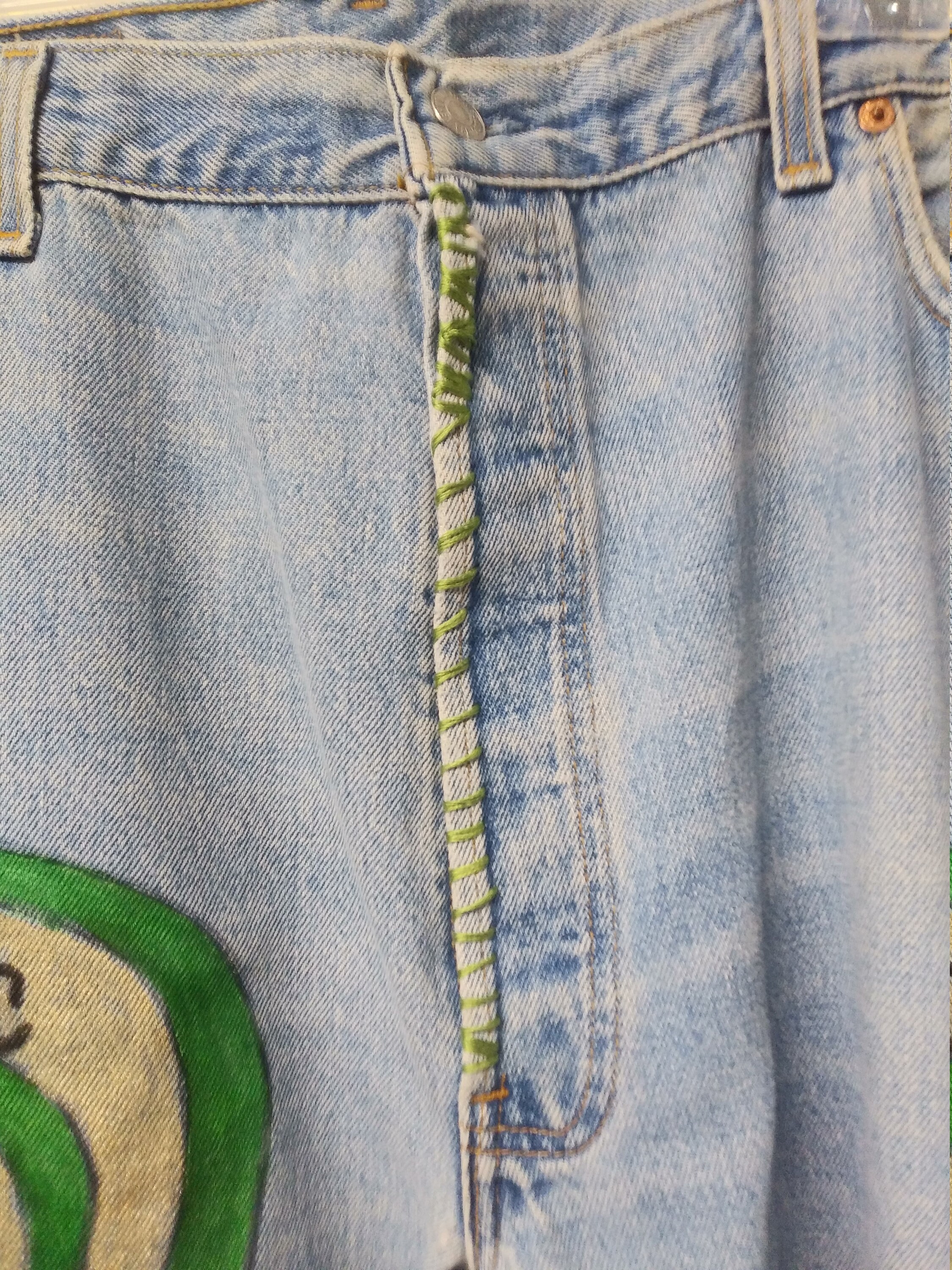 Guitars, Music Notes and Birds Painted on Levi's 501 Button Guitars, Music Notes and Birds Painted on Levi's 501 Button