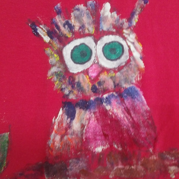 upcycled custom painted t shirt with owl and flowers..wearable nature art..one of a kind size L inv349