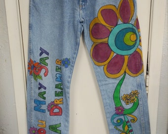 Beatles saying with flowers Boho wearable folk art upcycled Wrangler Rugged Wear jeans hand painted  32x36 (10) inv223