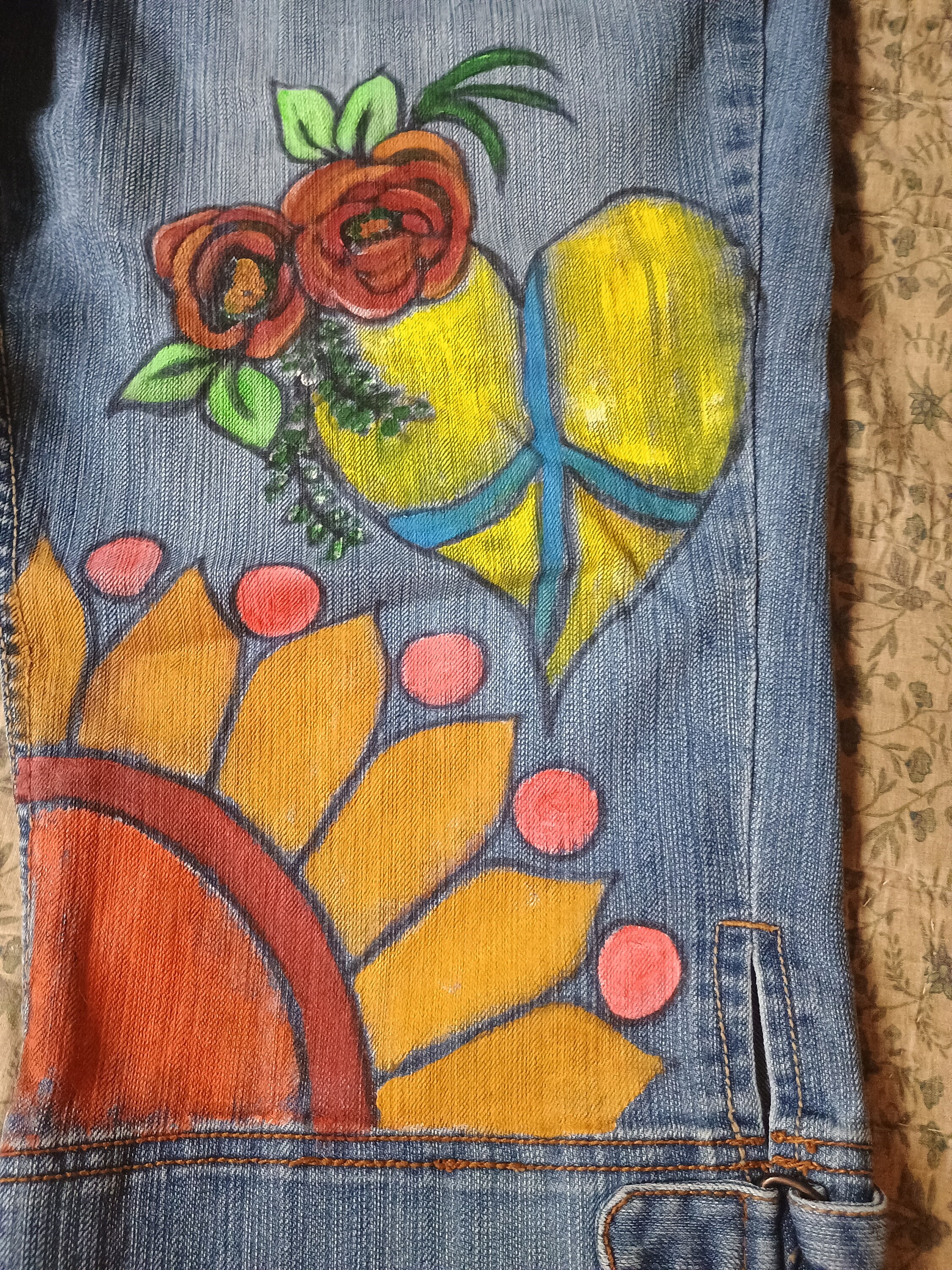 Custom designed denim capris..heart, flowers,roses, sz17jr-hand painted-boho hippie wearable art inv560