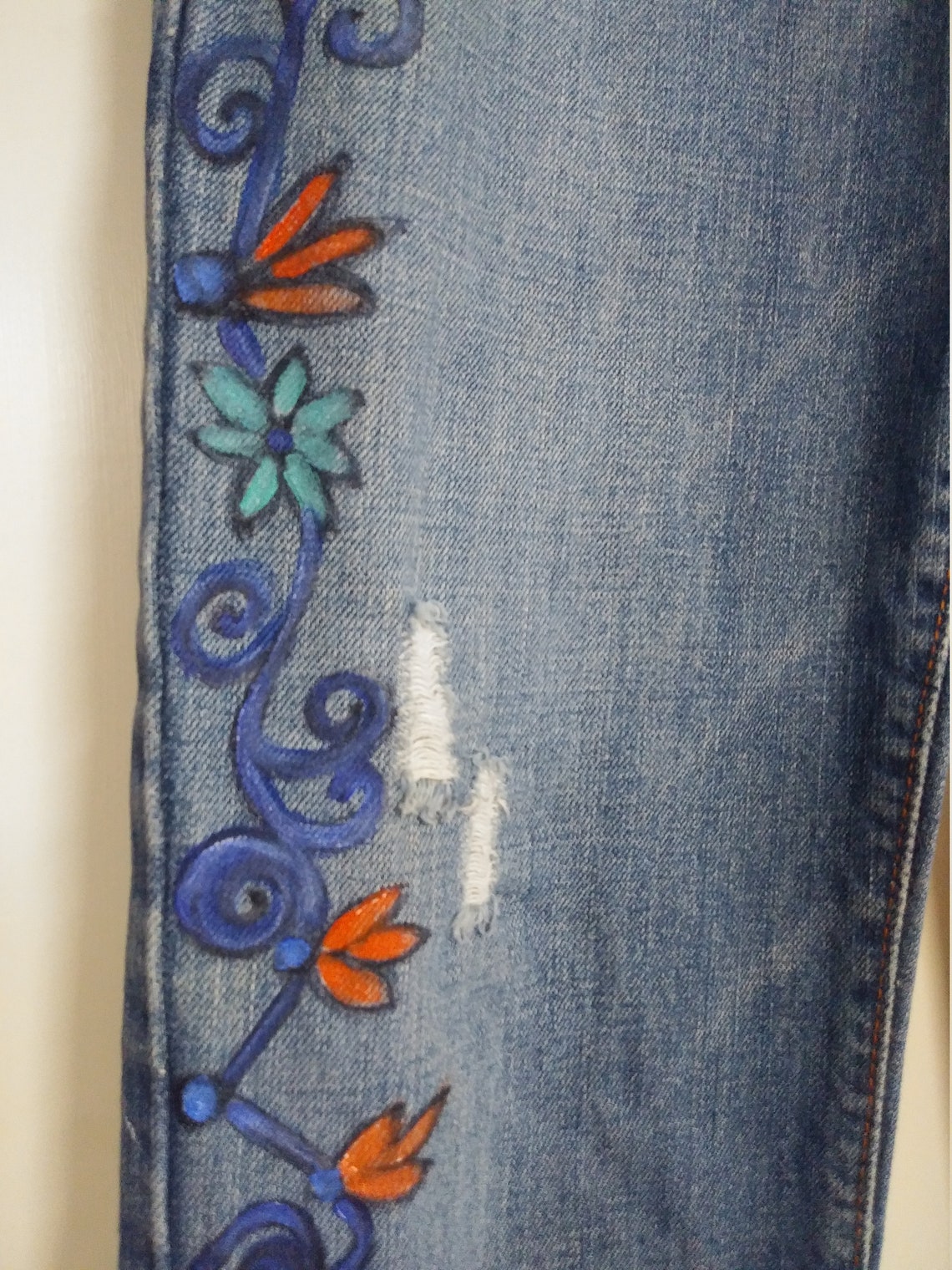 Wearable Art Jeans 70s Art Upcycled Hand Painted Flowers | Etsy