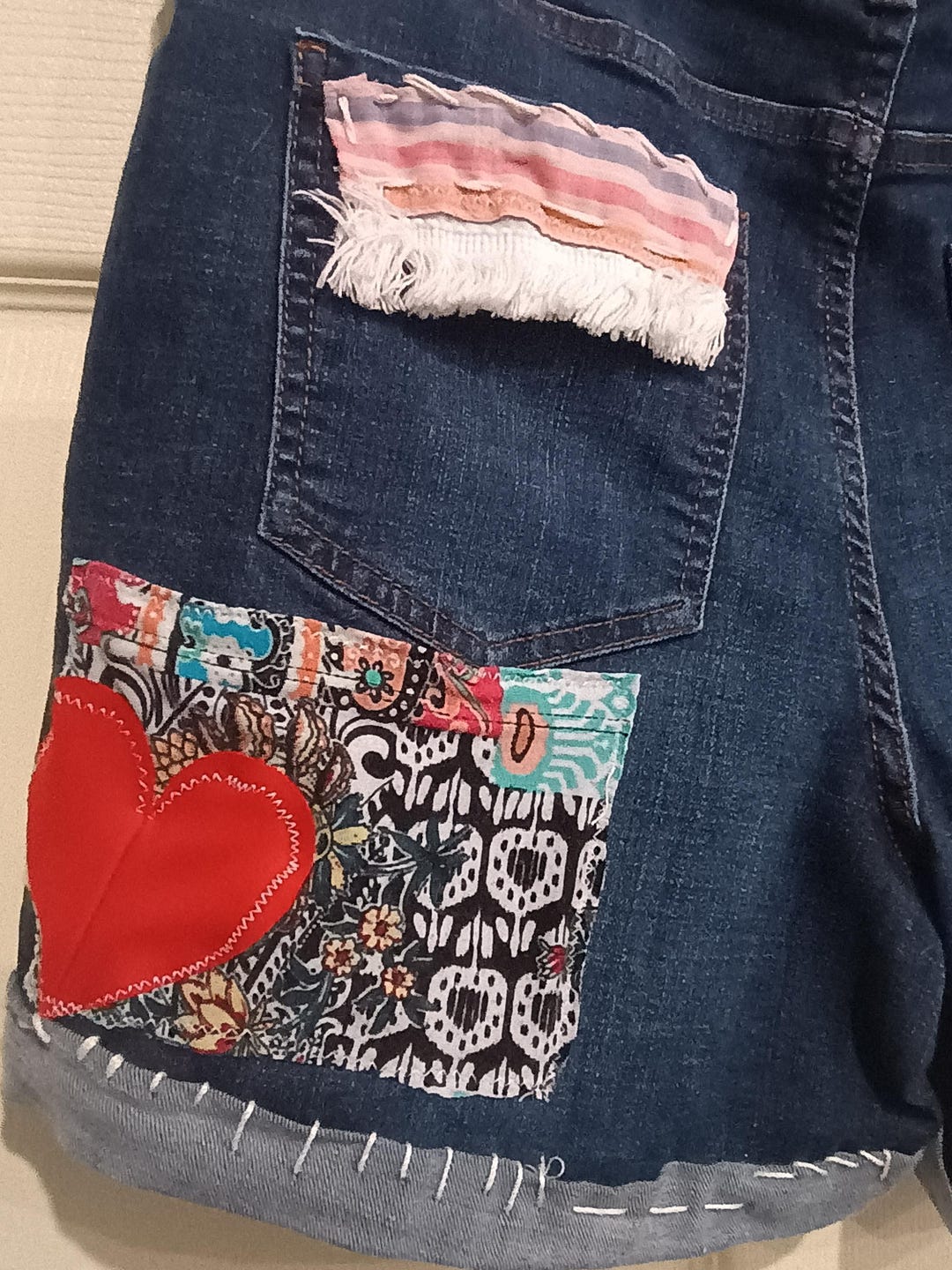 Upcycled Denim Shorts Custom Patches Pull On W Pockets One Of A Kind upcycled-denim-shorts-custom-patches-pull-on-w-pockets-one-of-a-kind