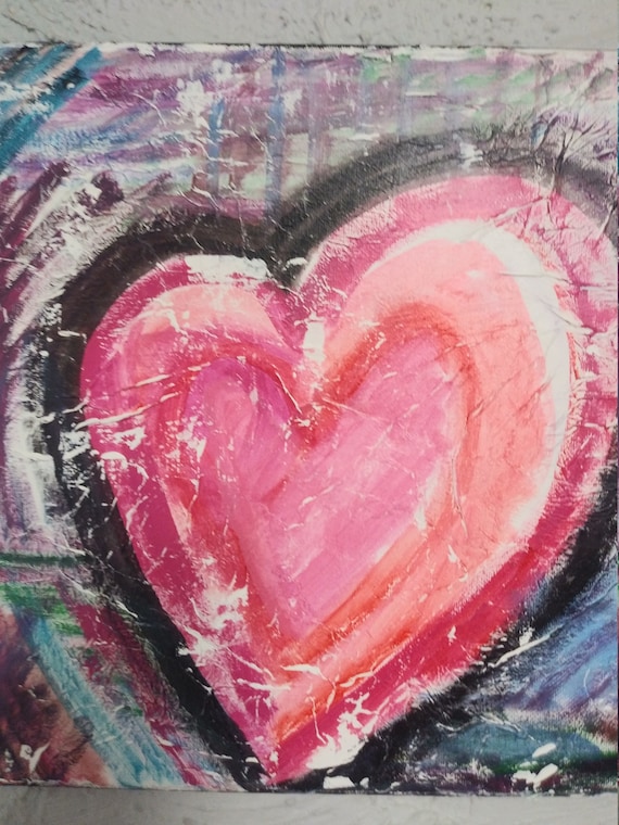 Acrylic Abstract Painting heart Flow on a Heart Shaped Canvas 29x29cm  Original Wall Art Ready to Hang Black Red Purple Pink Dutch Pour 