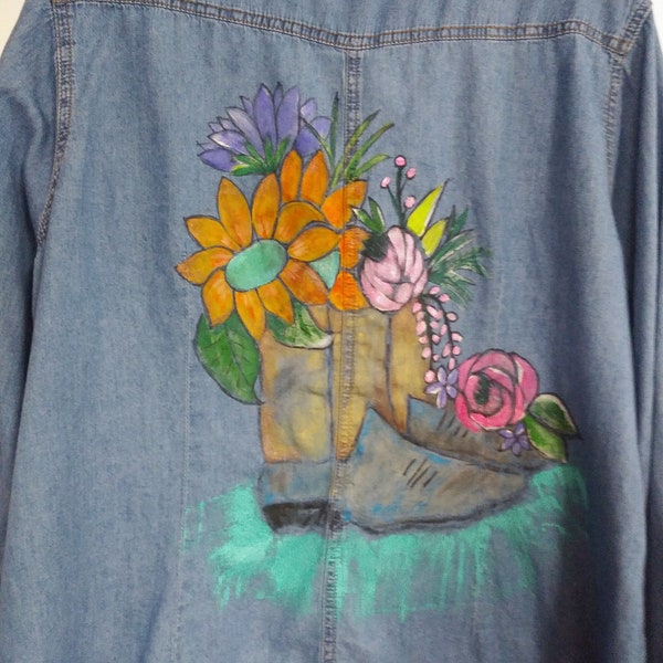 Pearl snap denim blouse custom painted horseshoe, roses, cowboy boots 2X Long Sleeve one of a kind wearable western folk art inv301