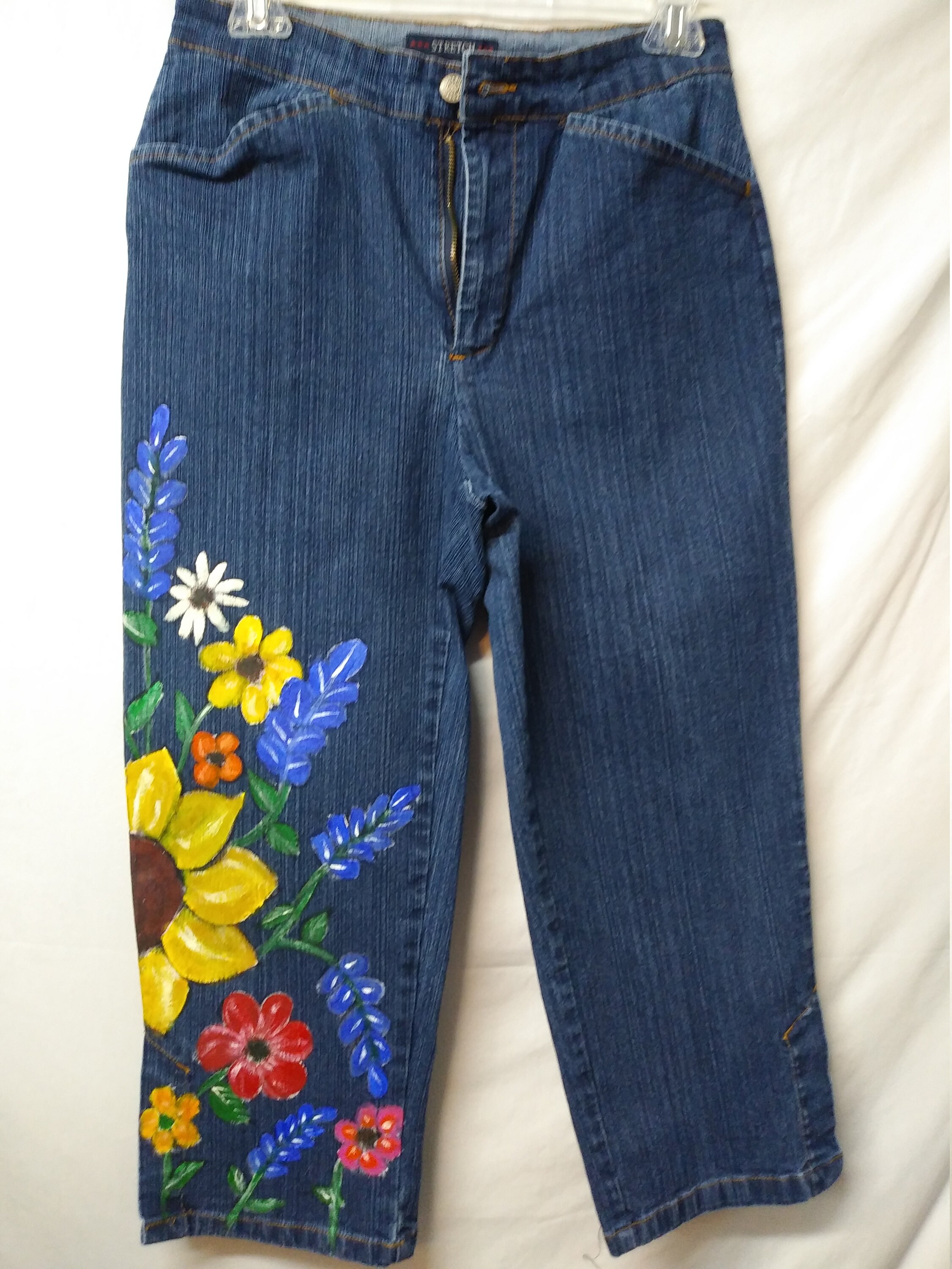 Denim Capris Painted With Sunflowers 
