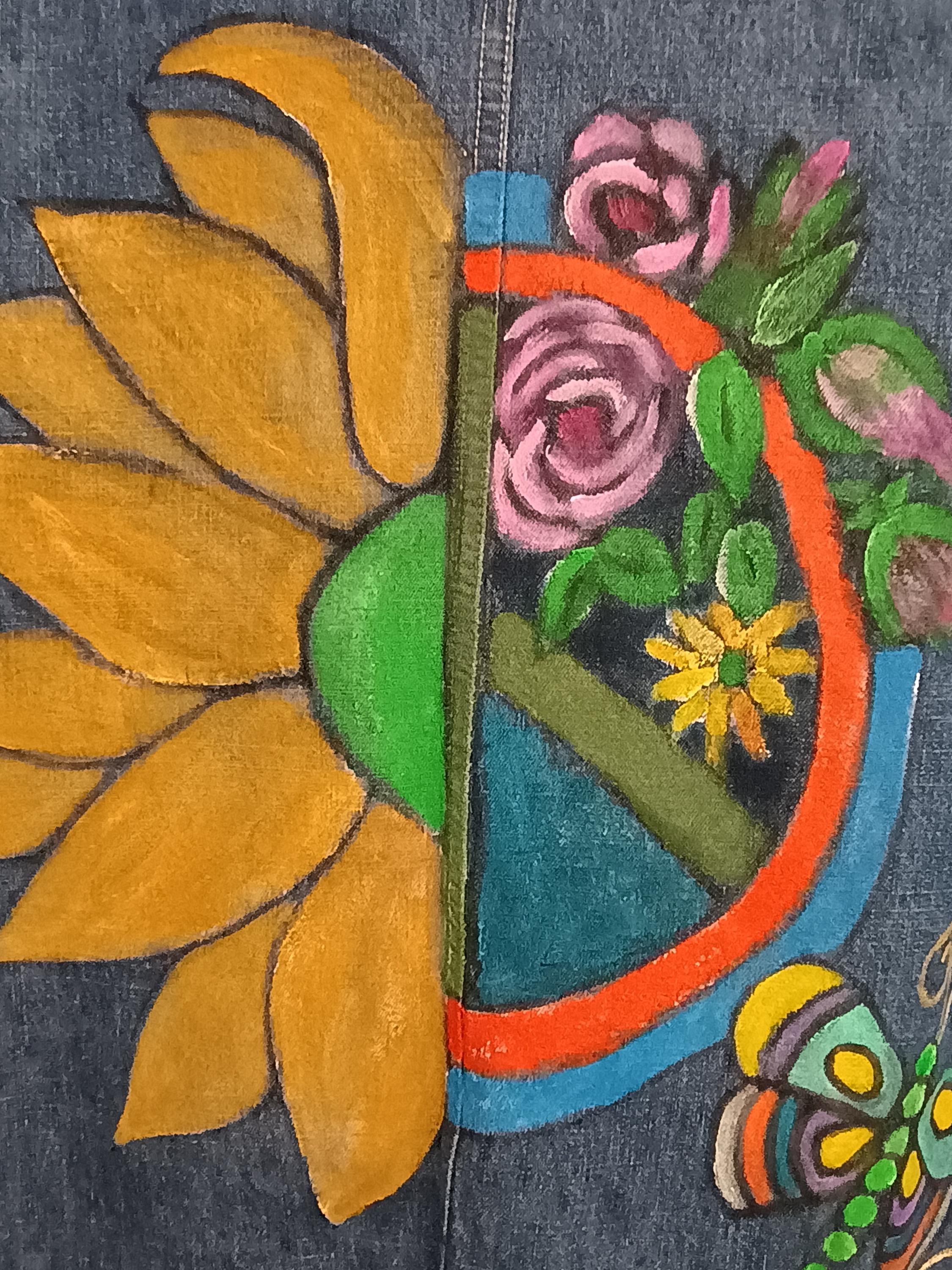 Denim jacket custom painted w roses-flowers-peace sign Wearable boho funky art sz M-Mach washable-front pockets-buttons. inv648
