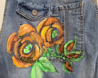 distressed denim coverall shorts sz L 12-14 NO Tag custom painted flowers,,boho hippie design one of a kind unique inv410