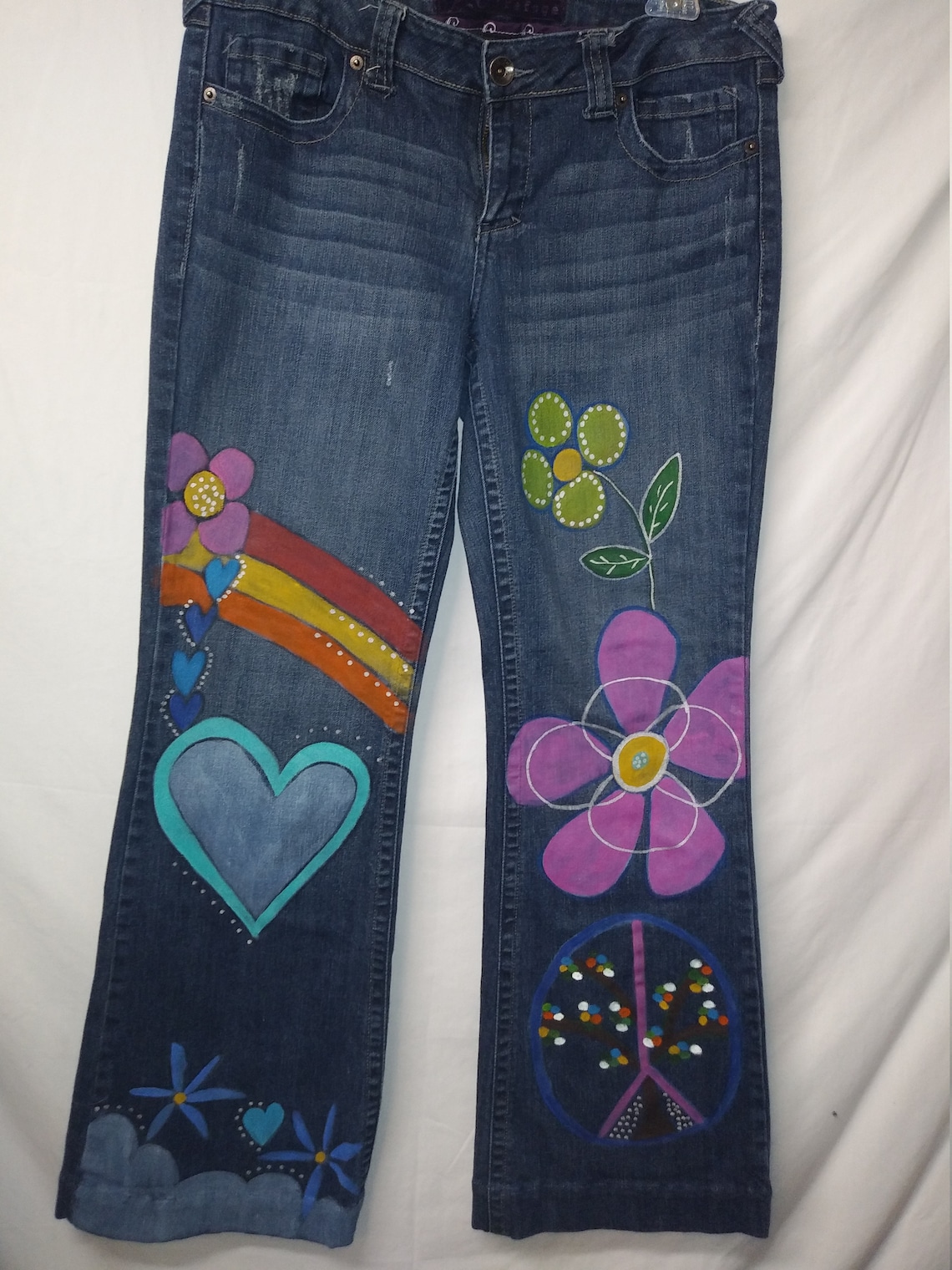 Hearts Flowers Peace Sign and Rainbow Painted Jeans Refuge - Etsy