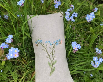 Forget-me-not. Embroidered eye pillow for relaxation. Herbal scented blend filling. Rustic hand embroidery on linen. Calming the senses.