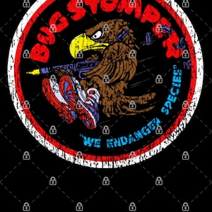 May include: A distressed red, white, and blue circular logo with the text "Big Stomper" in red and "We Endanger Species" in blue. A cartoon eagle with a yellow beak and brown feathers is holding a gun and wearing blue and red sneakers.