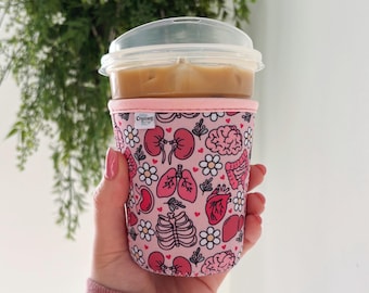 Anatomical Drink Sleeve, Cute Nurse Iced Coffee Cozie, Medical Organs Drink Cover, Insulated Iced Drink Sleeve, Floral Anatomical Cozie