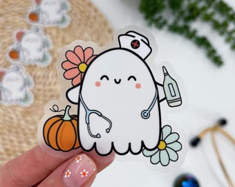 Spooky Nurse Sticker, Ghost Stethoscope Sticker, Nurse Ghost Sticker, Spooky Season Sticker, Nurse Halloween Sticker, Clear Sticker