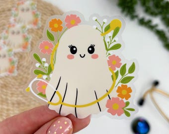 Floral Ghost Nurse Sticker, Ghost Stethoscope Sticker, Nurse Ghost Sticker, Spooky Season Sticker, Nurse Halloween Sticker, Clear Sticker