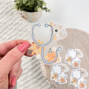 Clear Stethoscope Sticker, Floral Stethoscope Sticker, Nurse Sticker, Medical Sticker, Waterproof Sticker, Stethoscope Art, Clear Sticker