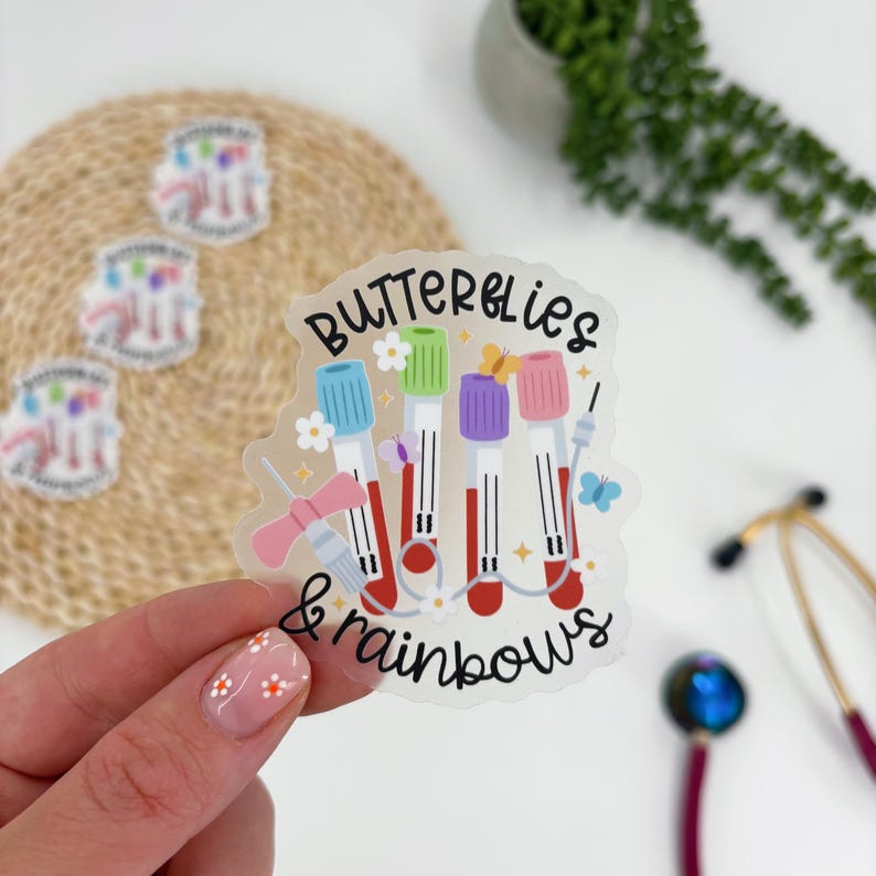 Butterflies and Rainbows Sticker, Blood Tube Sticker, IV Sticker, Lab Sticker, Lab Tech Sticker, IV Nurse, Clear Sticker, Nurse Sticker image 1