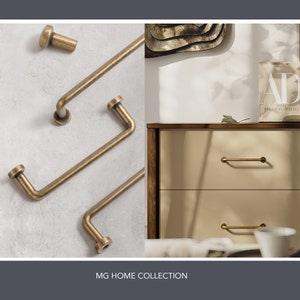 May include: A set of four gold-toned cabinet hardware pulls. Two are straight and two are L-shaped. The pulls are shown against a white background. The pulls are also shown installed on a light beige drawer front. The drawer front is part of a wooden dresser with a dark wood top.
