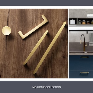 May include: A set of gold cabinet hardware, including a knob and four pulls, on a wood background. The hardware is part of the MG Home Collection.