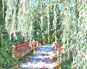 Willow Tree and Bridge at Smith College, Northampton, MA - Watercolor Art - Giclee Print - Landscape - Fine Art Painting