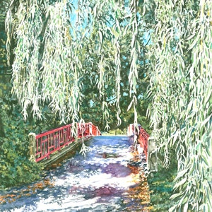 Sauce y puente en Smith College, Northampton, MA - Acuarela - Impresión giclée - Paisaje - Pintura de Bellas Artes