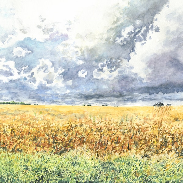 Indiana, Midwest, Fall Scene, Soybean Field, Stormy Sky, Watercolor Painting, Landscape, Fine Art Print, Wall Art